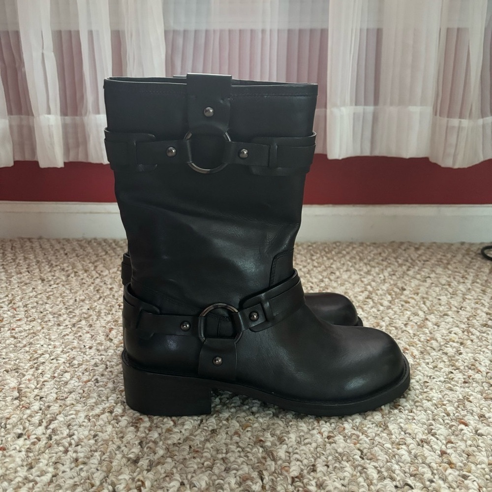 New without tags Vintage Foundry Co biker black leather boots, size 8